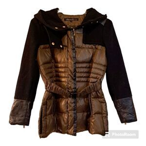 Kenneth Cole Faux Leather Quilted Shacket with an Adjustable Hood - Sz M